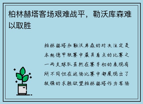 柏林赫塔客场艰难战平，勒沃库森难以取胜